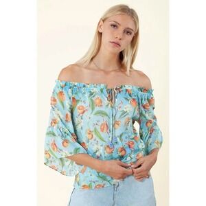 Hale Bob Blue Orange Citrus Print Off Shoulder Bell Sleeve Cotton Blouse Small